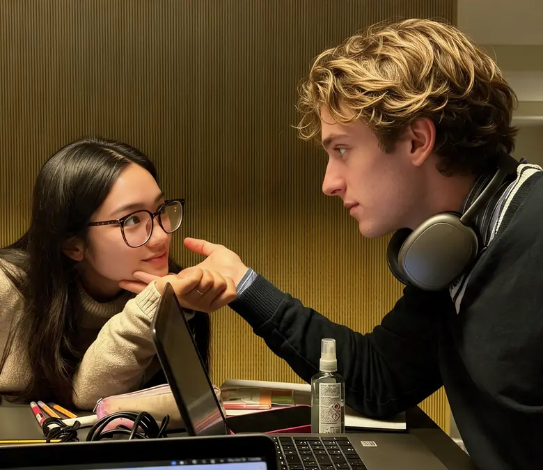 Una chica con gafas y un chico con auriculares estudian en la misma mesa; él le pone un dedo bajo la barbilla